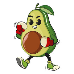 cute avocado mascot cartoon vector illustration practicing boxing wearing boxing glove, healthy food concept, isolated funny fruit design for logo, kids, and nutrition themes, work of hand drawn