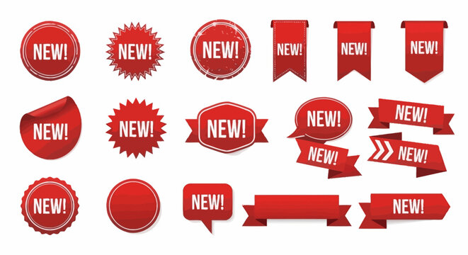Collection of new product tags, labels, and stickers in red, indicating special offers and announcements