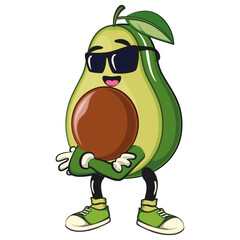 cute avocado mascot cartoon vector illustration wearing sunglasses folding his arms calmly, healthy food concept, isolated funny fruit design for logo, kids, and nutrition themes, work of hand drawn