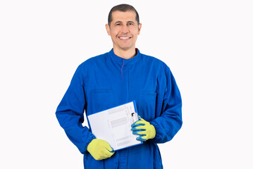 Happy mature mechanic. Portrait of confident mature mechanic in overalls with clipboard isolated on white background
