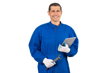 Portrait of smiling male repairman holding wrench and digital tablet against a white background.