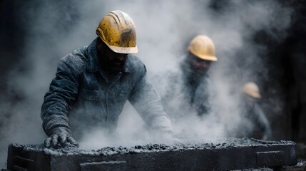 Construction workers in protective gear pouring concrete in a dusty industrial environment