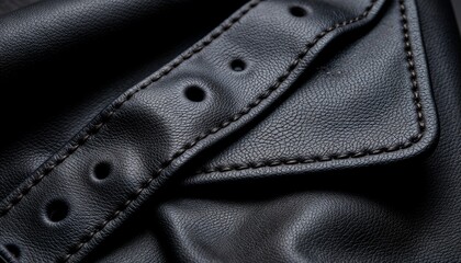 Closeup of black leather texture with stitching and rivets  