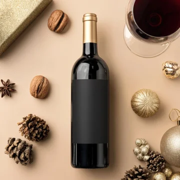 Premium Wine Label Mockup Surrounded by Holiday Ornaments
