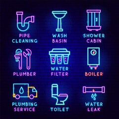 Fototapeta premium Plumbing Service Label Set. Vector Illustration of Bright Plumber Signs in Modern Glowing Style Typography Concept. Led Lamp Pipe, Faucet, Wrench, Toilet, Sink. Dark Blue Brick Website Background. 