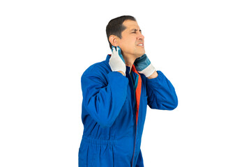 Shot of a mid adult male mechanic experiencing discomfort in his neck with white background.