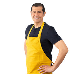 Handsome man wearing employee apron over isolated background.Smiling toothily with arms crossed expressing, positive emotions
