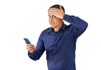 Man texting using smartphone over isolated white background stressed with hand on head, shocked with shame and surprise face, angry and frustrated and looking at camera. Fear and upset for mistake.