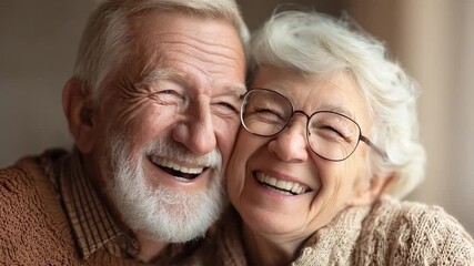 An elderly couple smiling and hugging in a close-up portrait. - Powered by Adobe