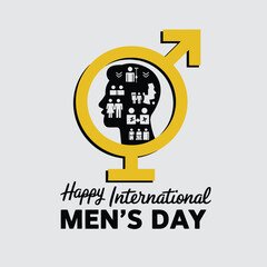 Vector art of happy international mens day graphic featuring a male symbol with a silhouette of a mans head filled with icons, celebrating men on november 19th