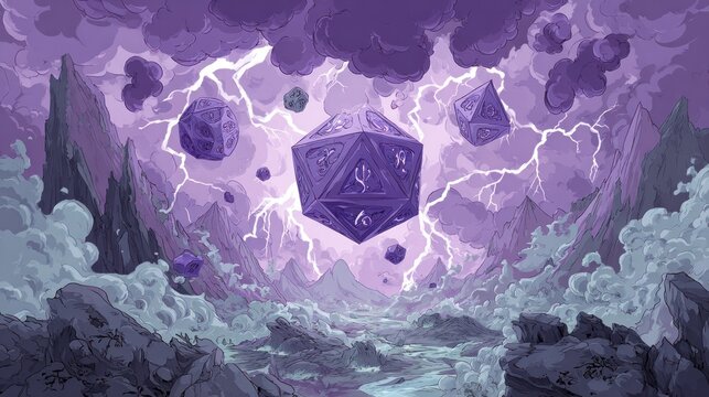 A fantasy scene with giant dice floating in a stormy, purple landscape
