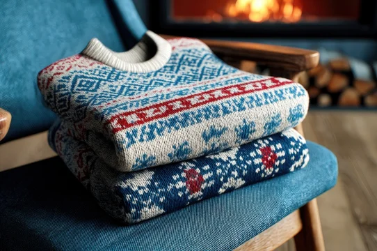 Christmas Sweater Mockup on Cozy Chair by Fireplace