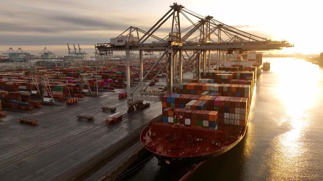Rotterdam, Netherlands, Drone shot of modern industrial port with containers between night and sunrise. Panorama over sunset. It is an import and export cargo port where is a part of shipping dock