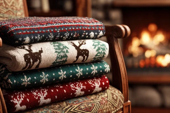 Folded Holiday Sweater with Warm Fireplace Glow