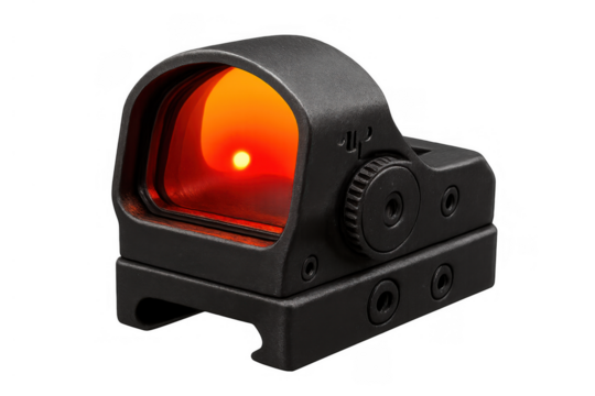 Red dot sight providing precision aiming, collimator optic for tactical firearms and shooting sports, transparent background