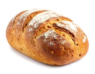 A freshly baked loaf of bread with a golden crust and flour dusting