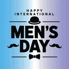 Vector art of happy international mens day text with bowler hat, mustaches, and bow tie on a blue and purple gradient background