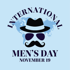 Vector art of international mens day celebration with a stylish mans hat, sunglasses, and mustache graphic on a world map background
