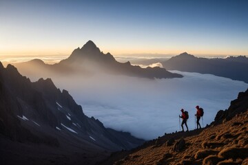Obraz premium Bergwanderer auf einem Gipfel im Sonnenaufgang mit imposanten Felsen und schneebedecktem Vulkan im Hintergrund