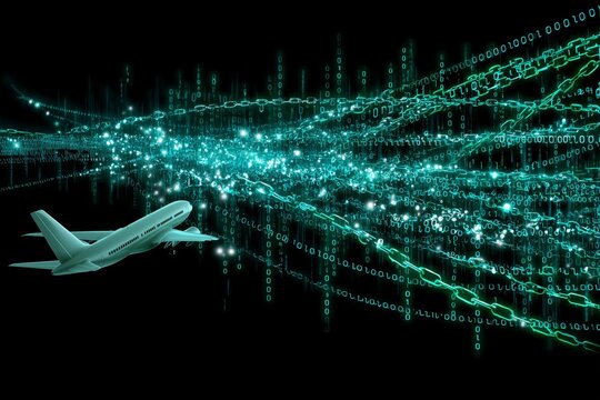 A modern airplane navigates a digital realm of binary code and chains, highlighting aviation vulnerabilities from cyber threats and geopolitical issues