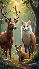 Fototapeta premium A majestic deer stands proudly in a sunlit forest, alongside an adult fox and a small fox kit sitting on the path.
