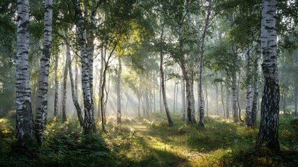 Sunlight streams through a misty birch forest creating a magical, serene pathway, perfect for nature escape inspiration.