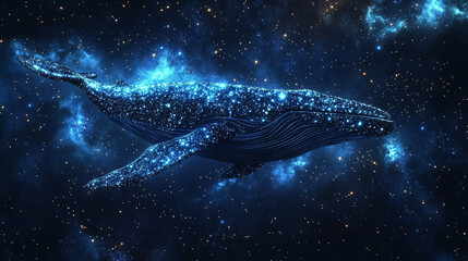 whale drifting through glowing starry mist, blending cosmic wonder with serene marine majesty, evoking dreamlike infinity and ethereal beauty.