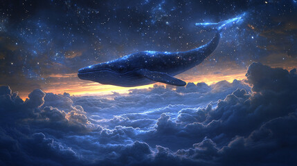 whale drifting through glowing starry mist, blending cosmic wonder with serene marine majesty, evoking dreamlike infinity and ethereal beauty.