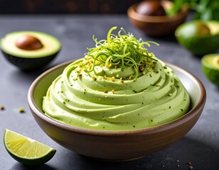 A close-up shot of a vibrant, creamy avocado dip garnished