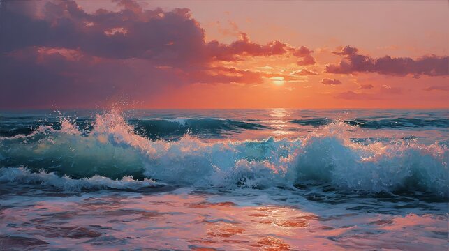 Stunning ocean wave crashes under a vibrant sunset sky, painting the water in warm, captivating hues - Powered by Adobe
