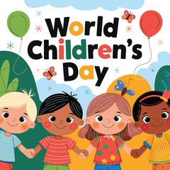 Vector art of diverse group of happy children holding hands under balloons and butterflies celebrating world childrens day with colorful text and a green hilly background