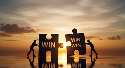 Two people connecting puzzle pieces with WIN WIN text at sunset symbolizing successful collaboration and mutual benefit.