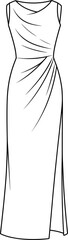 Elegant sleeveless evening dress with side drape, long gown flat sketch vector, fashion CAD design illustration for apparel template