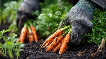Hands harvesting fresh organic carrots from rich soil, capturing the essence of natural abundance and healthy living