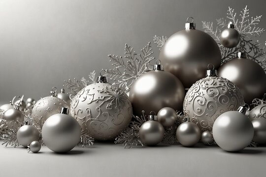 Silver Christmas ornaments with snowflakes on grey background - Powered by Adobe
