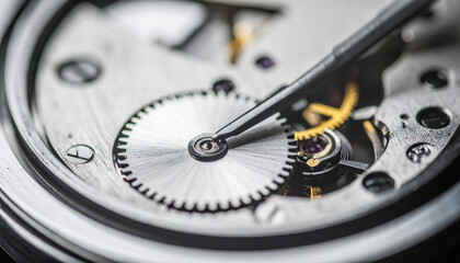 A close-up of a watch mechanism, highlighting intricate gears and craftsmanship, showcasing the precision and detail of watchmaking.