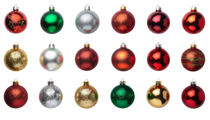 Assorted christmas ornaments in red, green, silver, and gold colors arranged in rows on a white background