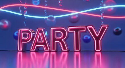 Vibrant party scene with neon lights, featuring the word party in glowing letters, creating a festive atmosphere with balloons and reflective surfaces