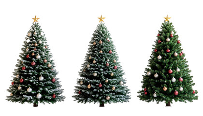 Fototapeta premium Three christmas trees decorated with ornaments and gold stars, arranged side by side on clean white background