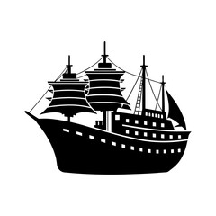 Black silhouette of a majestic sailing ship with multiple masts