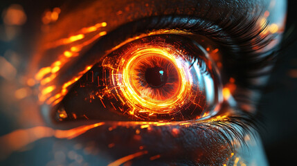 AI eye emitting neon spirals of thought, symbolizing intelligence, digital consciousness, and the dynamic flow of futuristic ideas and information