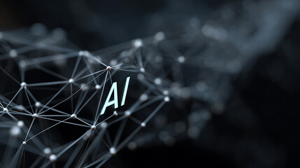 AI neural network. Glowing nodes and connections illustrate artificial intelligence, big data processing, machine learning, and modern technology networks in dynamic 3D visualization
