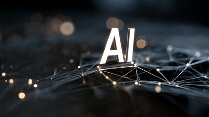 AI neural network. Glowing nodes and connections illustrate artificial intelligence, big data processing, machine learning, and modern technology networks in dynamic 3D visualization