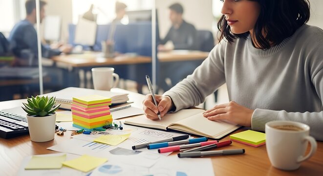 Young woman working in a modern office, taking notes in her notebook with coworkers in the background, surrounded by colorful sticky notes, pens, and a cup of coffee on the desk - Powered by Adobe