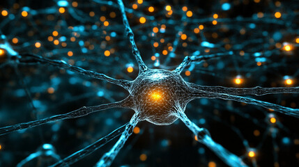 AI neural network. Glowing nodes and connections illustrate artificial intelligence, big data processing, machine learning, and modern technology networks in dynamic 3D visualization