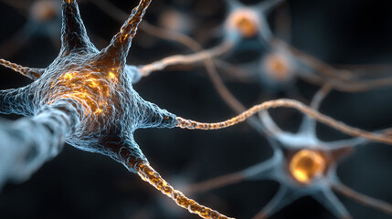 AI neural network. Glowing nodes and connections illustrate artificial intelligence, big data processing, machine learning, and modern technology networks in dynamic 3D visualization