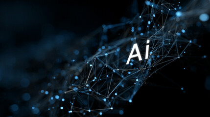 AI neural network. Glowing nodes and connections illustrate artificial intelligence, big data processing, machine learning, and modern technology networks in dynamic 3D visualization