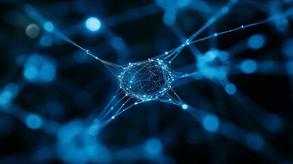 AI neural network. Glowing nodes and connections illustrate artificial intelligence, big data processing, machine learning, and modern technology networks in dynamic 3D visualization