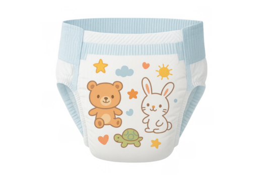 Diaper with cute bear, rabbit, and turtle animal print design, promoting baby care and hygiene