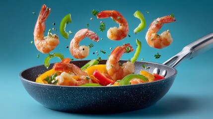 Pan of food with shrimp and peppers is being tossed in the air. Concept of excitement and energy, as the food is being prepared and cooked in a lively manner